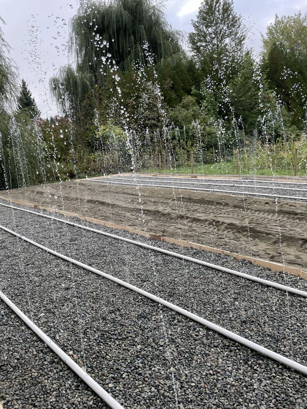Distribution piping laid out on a prepared sand mound